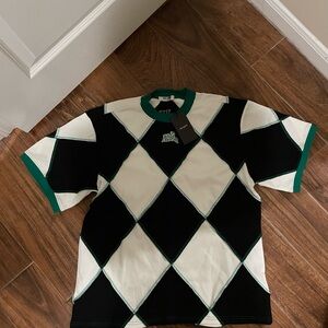 Black & White Argyle Crewneck Tee with Green Trim